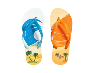 Pair of flip-flops with beach scene graphics, bright colors, and a black background