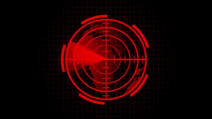 High-tech red radar reticle animation showing world map, rotating scan beam, and digital targeting motion display. Red targeting reticle with Earth map and scan lines on animation black . - Powered by Adobe
