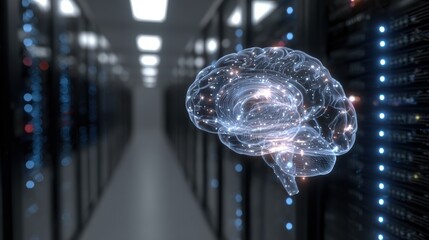 Futuristic representation of artificial intelligence in a server room with a digital brain concept.