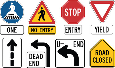 Variety of Colorful Road and Traffic Signs for Safety and Directional Guidance