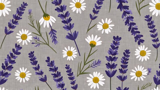 A charming vintage-inspired seamless pattern featuring beautifully illustrated lavender sprigs and chamomile daisies on a rustic textured background