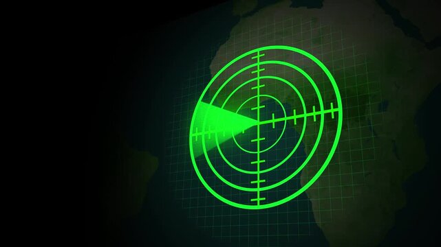 Green radar display with Earth map, concentric circles, and targeting sweep abstract animation. Animated green radar screen with luminous Earth map, rotating sweep beam, and futuristic circular.