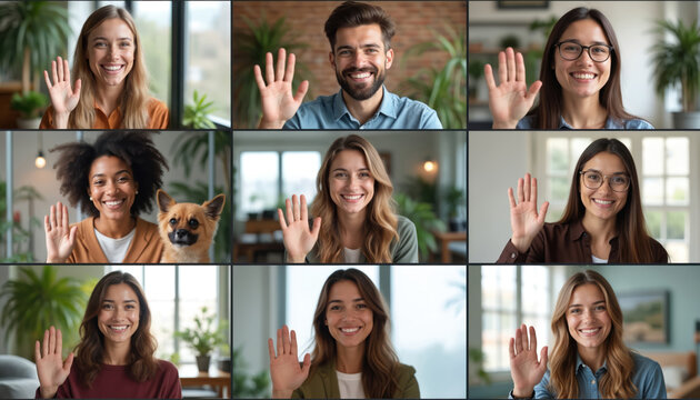 Group of diverse people wave hello on video conference call. Friends connect online, colleagues collaborate remotely for work or study. Dog joins meeting.