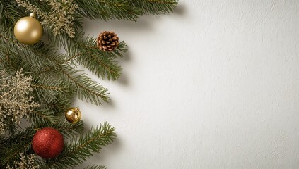 Christmas tree branches and ornaments with neutral background, with copy space