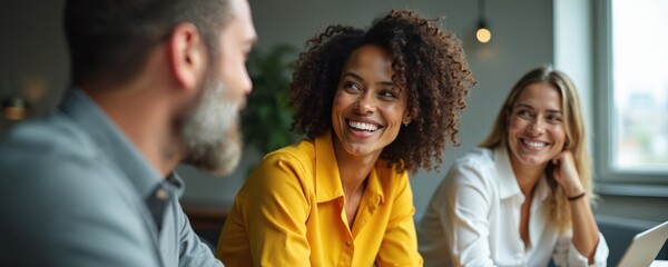 Three colleagues in an office setting laugh together during a meeting. Diverse team members collaborate positively, building camaraderie and trust in a modern workspace.