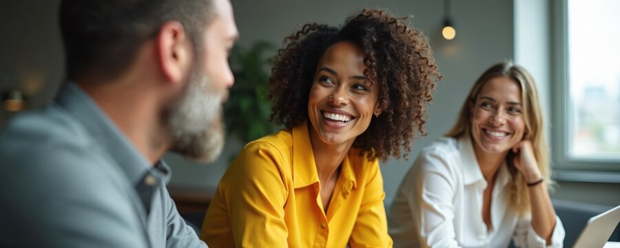 Three colleagues in an office setting laugh together during a meeting. Diverse team members collaborate positively, building camaraderie and trust in a modern workspace. - Powered by Adobe