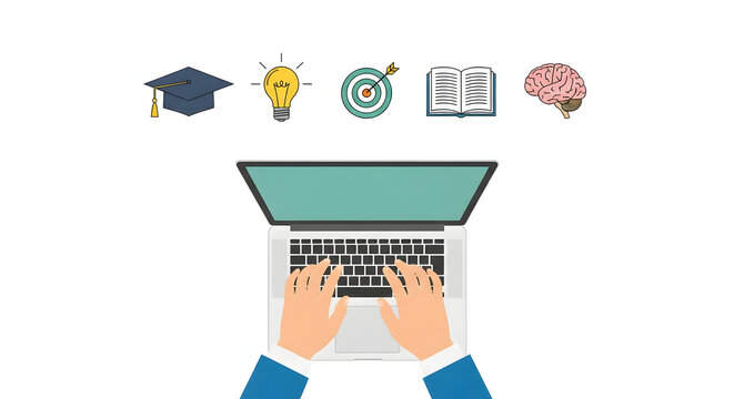 Online learning and education concepts represented by icons above a laptop