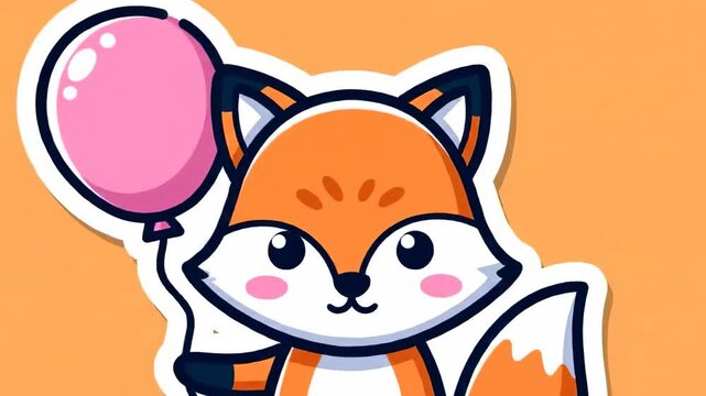 Cartoon fox sticker with a pink balloon on a orange background, featuring cute details and a playful design