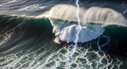 A breathtaking moment captured as a colossal ocean wave collides with a brilliant lightning bolt, illustrating the immense power of a tempest at sea