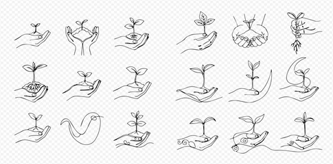 Minimalist line art set featuring hands gently cradling small plants and sprouts, illustrating concepts of new life, sustainability, and environmental care.