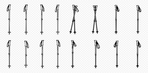 Collection of black and white illustrations depicting various trekking poles and hiking staffs in different configurations.