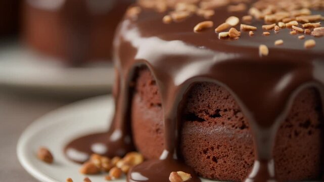 A macro close-up of a soft chocolate cake layered with a glossy chocolate ganache glaze, decorated with roasted nuts artistically scattered across the surface. A slice of the cake reveals its soft, mo