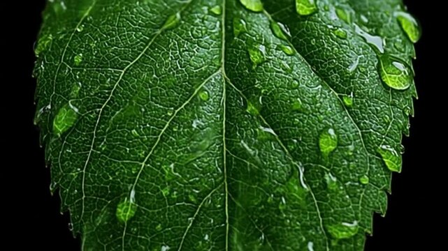 Macro shot of a vibrant green leaf with visible veins, water droplets against black background