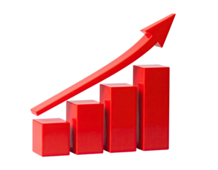 Red 3D bar graph with arrow pointing upwards, representing growth and progress