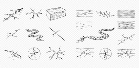 Hand-drawn vector set of various crack patterns, a block, snakes, and a flying creature.