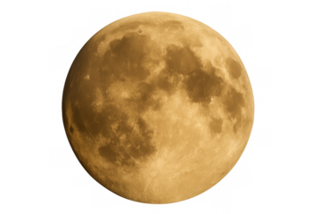 Full moon glowing orange against a transparent background. Earth's natural satellite showing surface craters