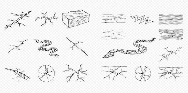 Hand-drawn vector set of various crack patterns, a block, snakes, and a flying creature.