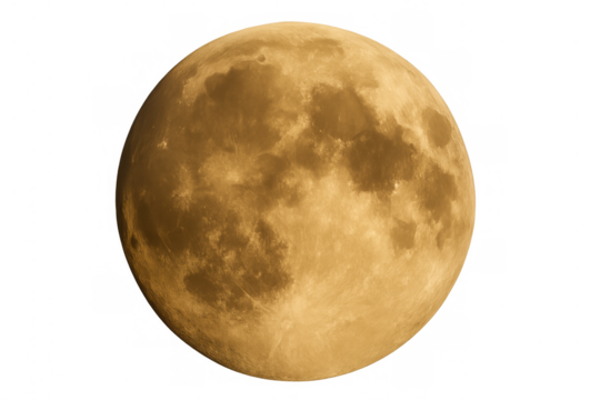 Full moon glowing orange against a transparent background. Earth's natural satellite showing surface craters - Powered by Adobe