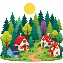 Naklejka premium Fantasy garden with charming clipart houses surrounded by lush trees under bright sun