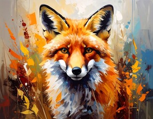 Close-up view of a vibrant fox in colorful, abstract brushstrokes