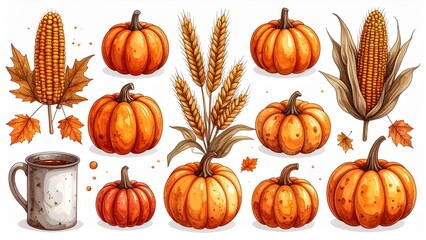 A collection of autumn harvest elements including watercolor pumpkins, corn, wheat, maple leaves, and a warm mug.