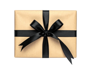 A rectangular present, wrapped in tan paper, adorned with a black satin ribbon bow
