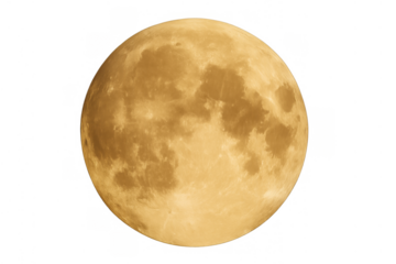 Full moon glowing orange on transparent background, showing lunar surface with craters and shadows from space