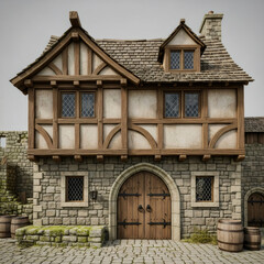 Obraz premium Medieval Timber Framed Building with Stone Base and Wooden Doors.