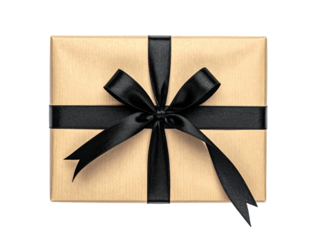 A rectangular present, wrapped in tan paper, adorned with a black satin ribbon bow