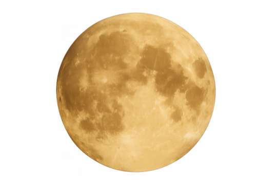 Full moon glowing orange on transparent background, showing lunar surface with craters and shadows from space - Powered by Adobe