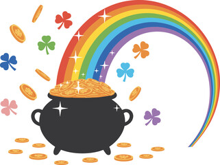 A Pot of Gold at the End of a Vibrant Rainbow Surrounded by Falling Coins and Lucky Four Leaf Clovers for St Patricks Day Celebrations