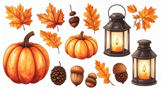 Watercolor illustration of autumn elements, including pumpkins, leaves, acorns, pine cones, and lanterns.