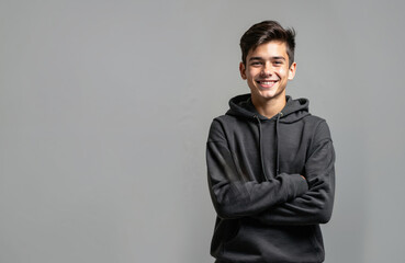 Fototapeta premium Smiling teenager poses in dark hoodie with crossed arms. Young boy looks happy with smile. Confident teen portrait. Handsome student smiles in trendy wear indoors on grey backdrop with blank space.