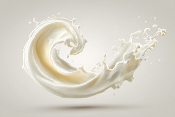 A beautiful white liquid forms an elegant swirling splash with droplets against a plain light background