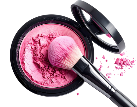 Pink blush compact and brush, spilling powder, on black background, overhead