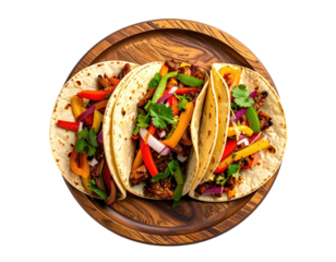 Three fully loaded tacos on a round wooden plate with vibrant peppers and herbs