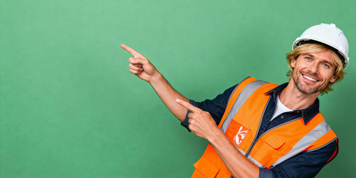 European male construction worker in safety gear pointing at copy space on green background for promotional design