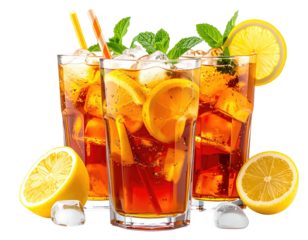 Three iced beverages with lemon slices, mint, ice cubes, and striped straws