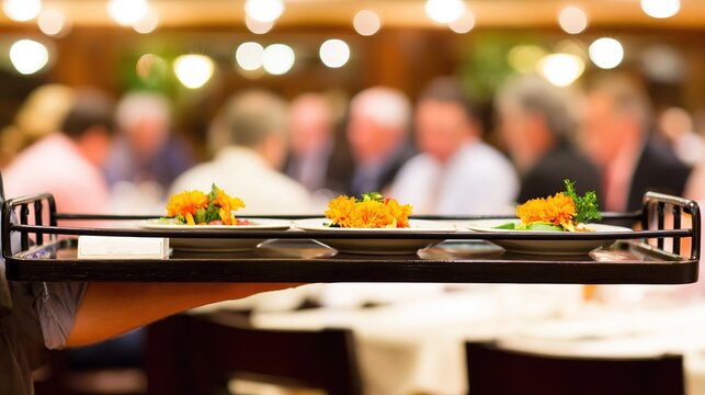 tray. Elegant arrangement of plates on a serving tray, captured from an overhead angle in soft light. menu design, packaging mockups, designed for food delivery and cloud-kitchen brand materials.