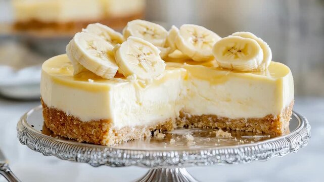 Banana cheesecake on decorative stand with slices and gooey caramel.