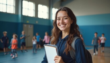 Young smiling woman teacher holds folder in school gym. Kids play in blurred background. Looks happy, ready for class. Female educator leads primary school students in phys ed. Positive young coach