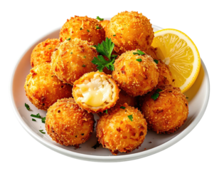 Fried golden appetizer balls arranged with a lemon slice and parsley garnish