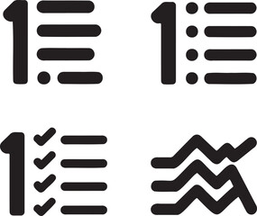 Black and White Task Management Icons – Bullet, Numbered, and Completed Lists 