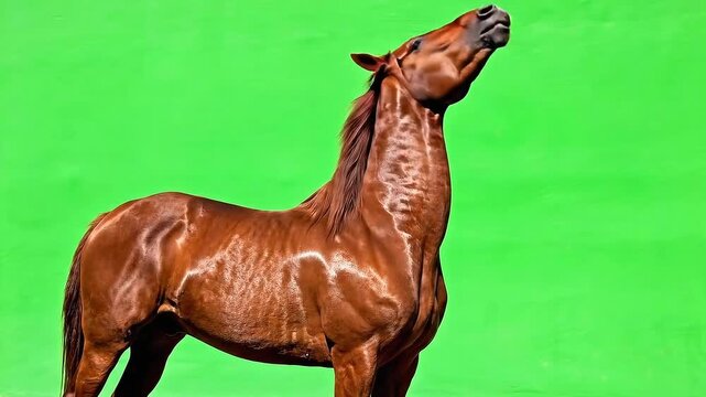Majestic Brown Horse Unleashing Powerful Neigh Against Vibrant Green Screen Background Isolated