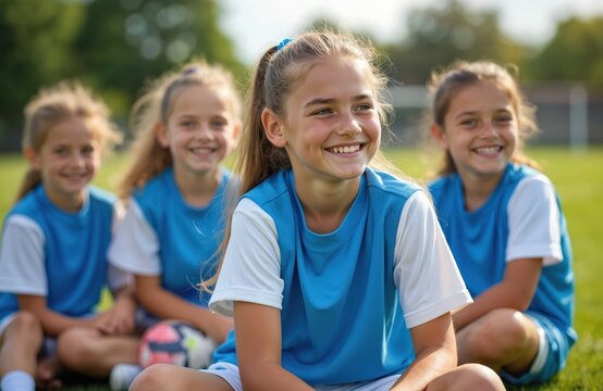Girls soccer team relaxing on field. Happy smiling kids wearing sport uniform sit, rest, enjoy summer day. Teammates in blue sportswear. Group of girls at training ground posing.