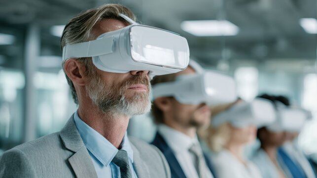 Individuals experiencing virtual reality with headsets in a modern, tech-savvy environment. - Powered by Adobe