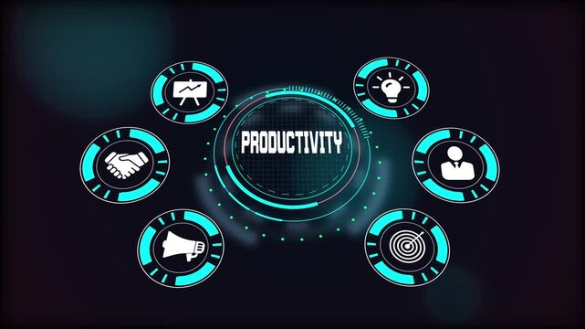 Increased business productivity, digital screen showing virtual icons for efficient work, ideas, and goal setting.