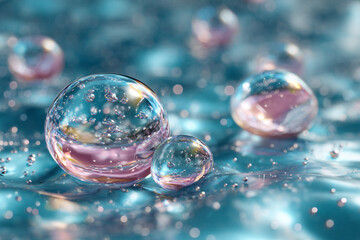 Naklejka premium Transparent liquid spheres with inner bubbles reflecting colorful light on a soft aqua surface