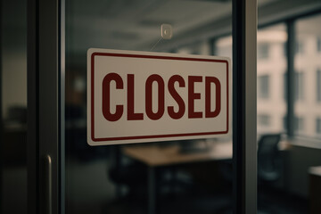 Somber closed sign on an office door signals government shutdown serious business crisis and economic problem