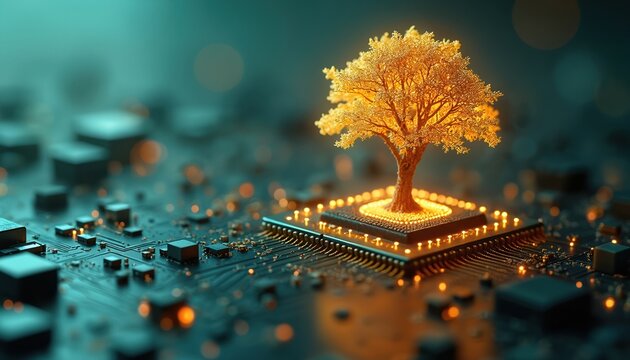 Golden tree grows from computer chip. Nature and tech merge on circuit board. Organic digital connection for future progress. New life from innovation.